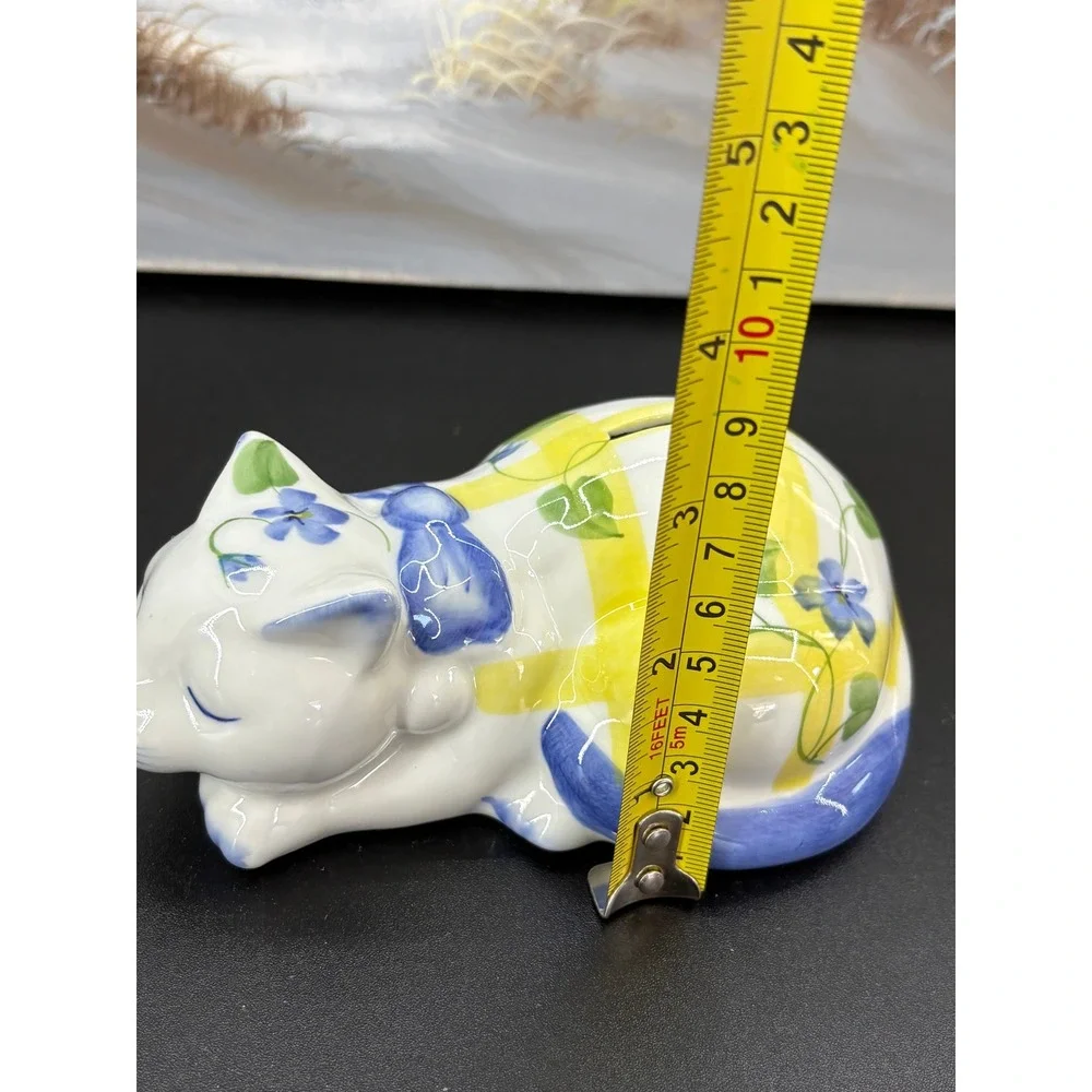 Vintage Ceramic Sleeping Cat Piggy Bank Blue Floral Yellow Gingham Figurine